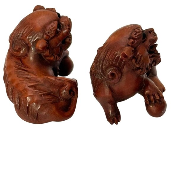Ojime Netsuke 2 Foo Dog Lion Figurines Hand-Carved Boxwood Signed No Hole #2.3 - Picture 2 of 9